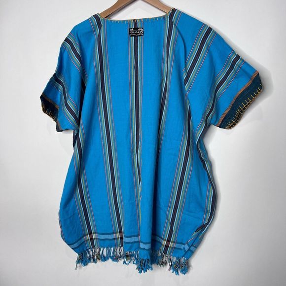 Shanzu Tunic Poncho Coverup Boho Fringe Striped Box Fit Blue Yellow Women's OS - Picture 7 of 8